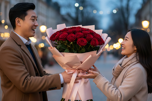 A couple celebrating Valentine's Day with a large bouquet of red roses on a city street.