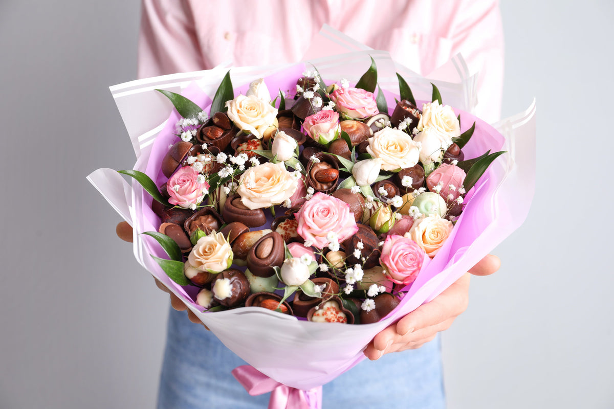 Premium chocolate bouquet box with imported chocolates and roses for anniversary gifting.