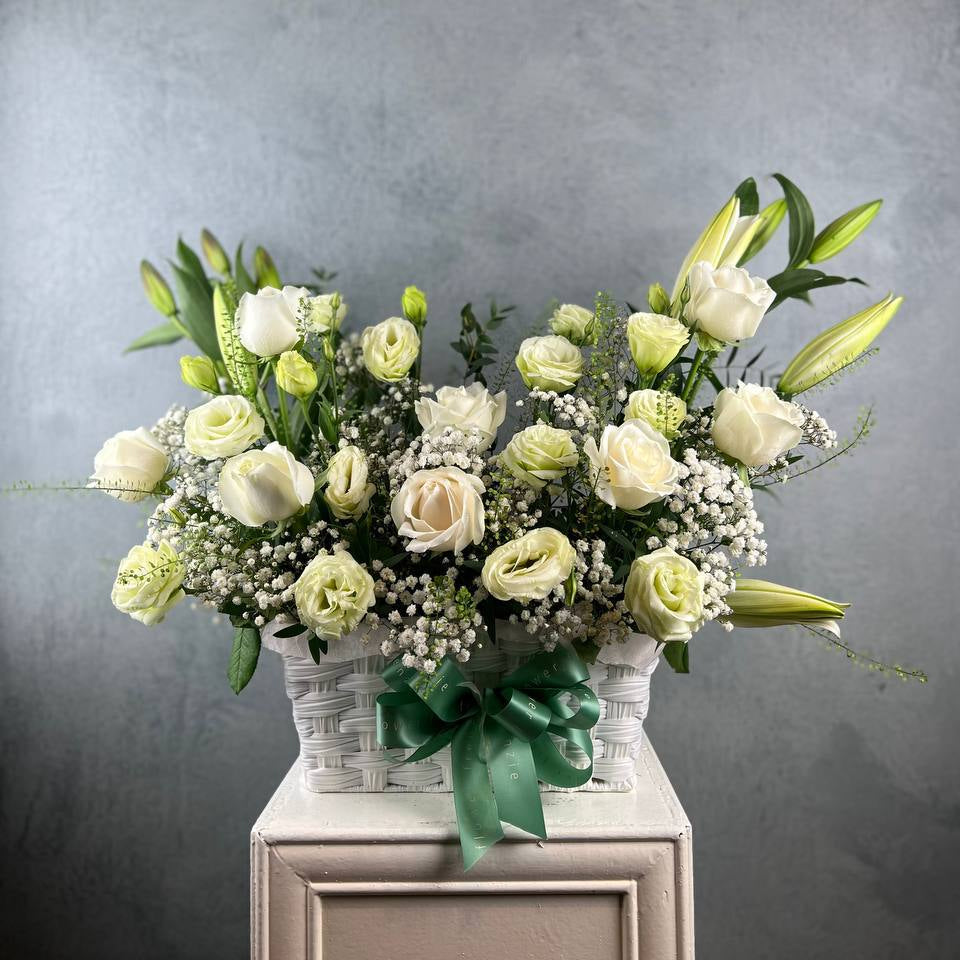 Beautiful in White Flower Basket