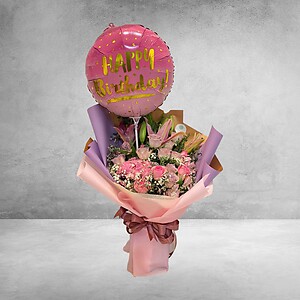 Mix Roses & Lilies with Birthday Balloon