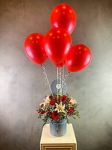 Red Gerberas, Lilies & Balloons